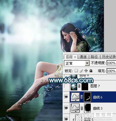 Photoshop为水景人物图片打造梦幻的暗青色效果43