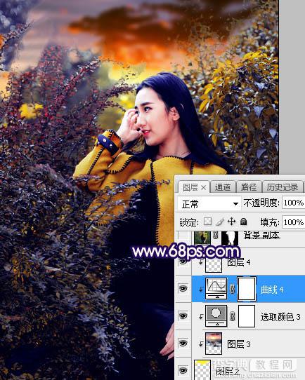 Photoshop调制出灿烂的蓝黄色霞光绿树中的人物图片26