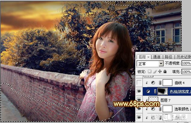 Photoshop调制出橙色霞光色围墙边人物图片33