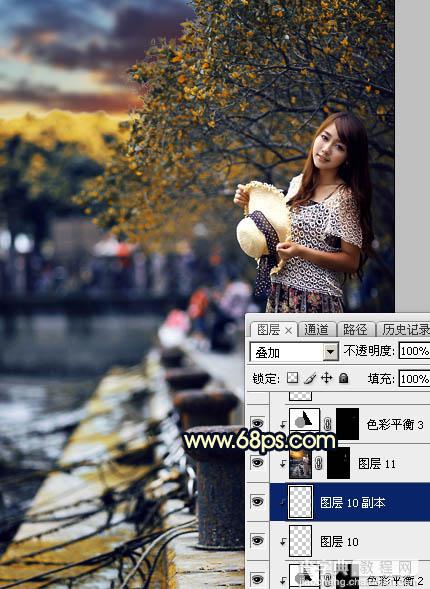 Photoshop调制出暗调蓝黄色霞光码头边的人物图片41