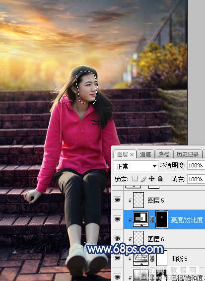 Photoshop调制出给漂亮的霞光古建筑边人物图片30