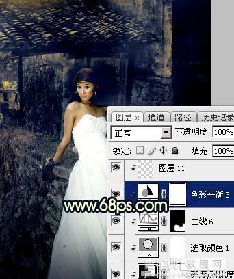 Photoshop调出高对比霞光色残旧古建筑人物图片46