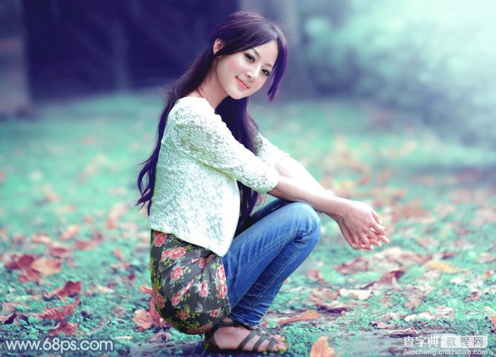 Photoshop将草地人物图片打造出甜美的粉青色效果2
