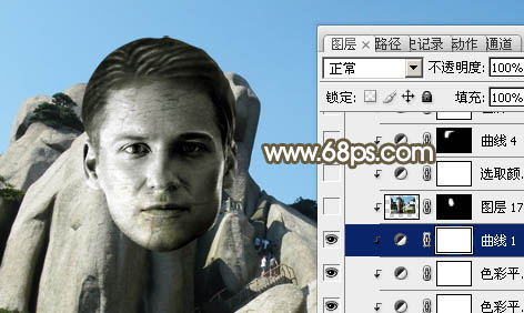 photoshop快速把人物头像制作成石头里的石像教程24