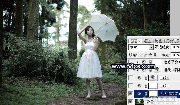 Photoshop调制出霞光中的树林人物图片7
