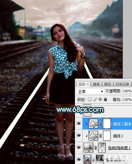 Photoshop调制出暗黄色霞光效果铁轨中间的人物图片9