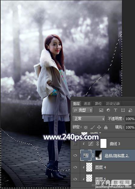 Photoshop将树边人物图片打造唯美的中性蓝色特效35