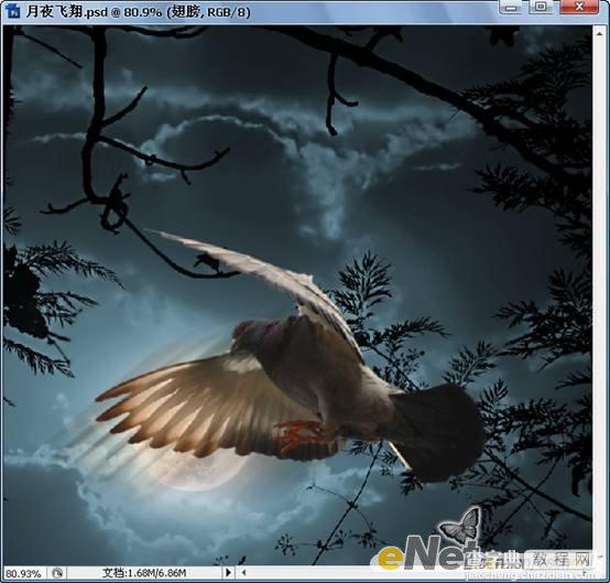 Photoshop合成制作信鸽在阴森恐怖大的月夜下飞翔特效17