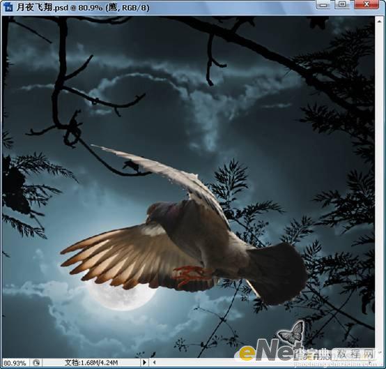 Photoshop合成制作信鸽在阴森恐怖大的月夜下飞翔特效12