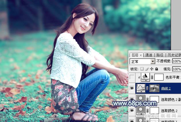Photoshop将草地人物图片打造出甜美的粉青色效果21