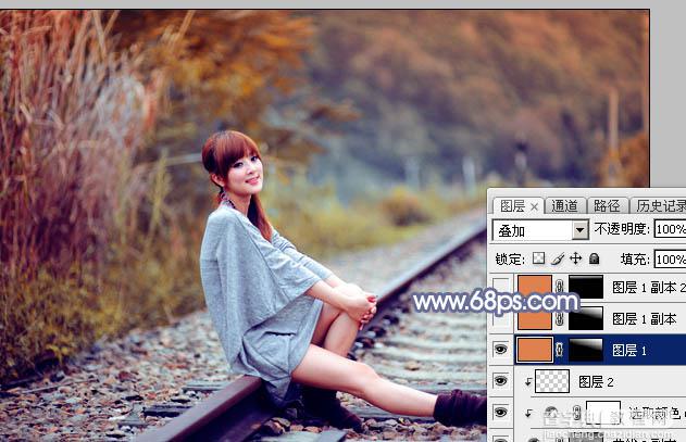 Photoshop将铁轨人物图片打造出甜美的深秋橙红色效果28