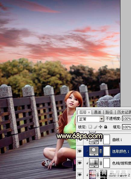 Photoshop调出唯美橙色霞光公园木桥上人物图片33