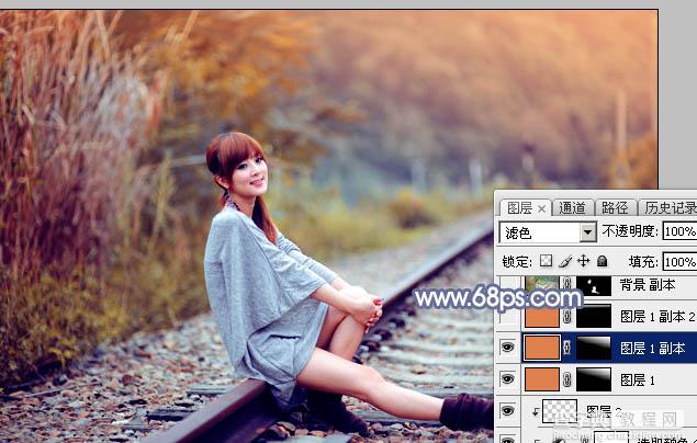 Photoshop将铁轨人物图片打造出甜美的深秋橙红色效果29