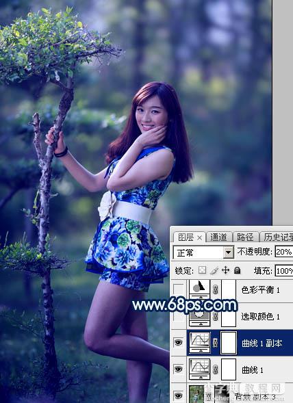 Photoshop调制出梦幻的暗调蓝青色树林人物图片8