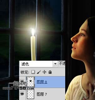 Photoshop合成蹲在窗户边上拿着蜡烛美女夜景19