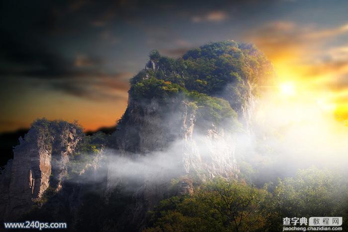 Photoshop调制出清晨霞光色和云雾效果的山峰图片2