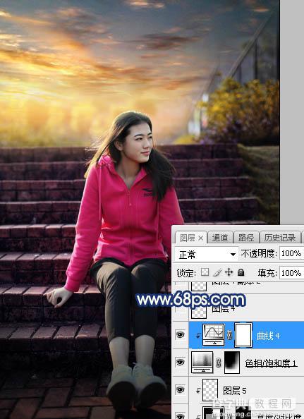 Photoshop调制出给漂亮的霞光古建筑边人物图片34