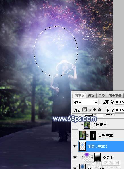 Photoshop将树林人物图片打造魔幻的蓝紫色特效25