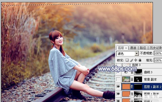 Photoshop将铁轨人物图片打造出甜美的深秋橙红色效果30