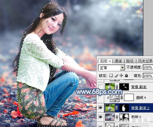 Photoshop将外景人物图片打造出古典暗蓝色秋季效果45