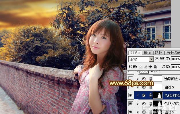 Photoshop调制出橙色霞光色围墙边人物图片27