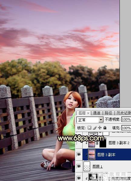 Photoshop调出唯美橙色霞光公园木桥上人物图片24