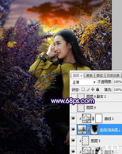 Photoshop调制出灿烂的蓝黄色霞光绿树中的人物图片35