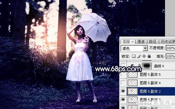 Photoshop调制出霞光中的树林人物图片36