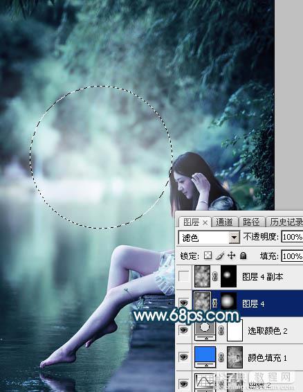 Photoshop为水景人物图片打造梦幻的暗青色效果22