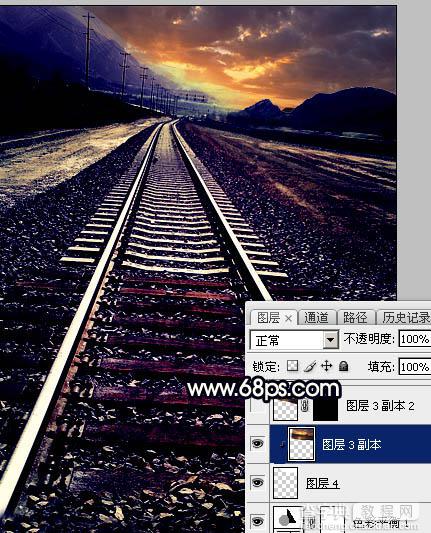 Photoshop为铁轨图片加上晨曦暖色27