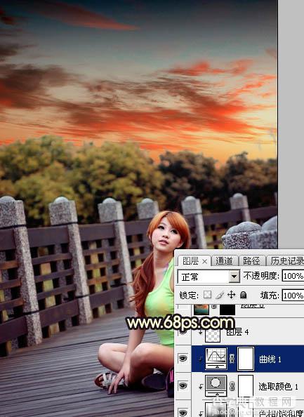 Photoshop调出唯美橙色霞光公园木桥上人物图片35