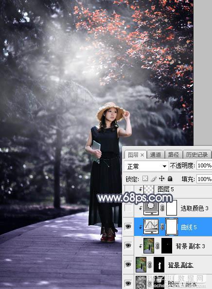 Photoshop将外景人物图片打造深秋暗调蓝红色20