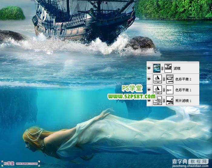 photoshop合成制作出古船下神秘的美人鱼场景31