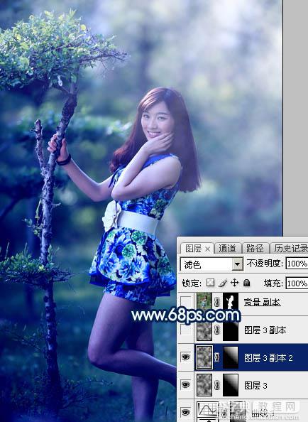 Photoshop调制出梦幻的暗调蓝青色树林人物图片21