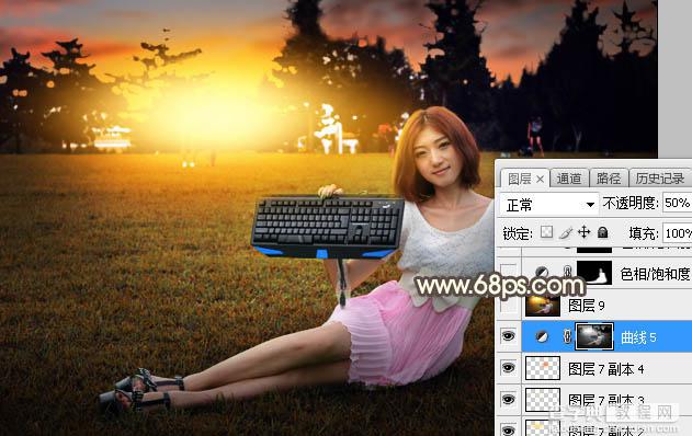 Photoshop调制出暗调黄褐色霞光草坪上人物图片35