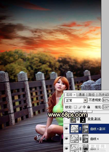 Photoshop调出唯美橙色霞光公园木桥上人物图片45