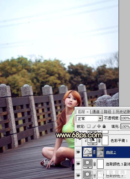 Photoshop调出唯美橙色霞光公园木桥上人物图片14