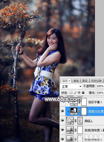 Photoshop将树林人物图片打造出深秋暗红色效果16