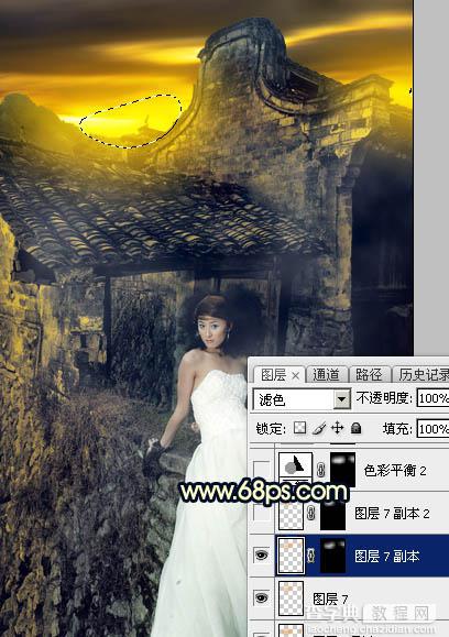 Photoshop调出高对比霞光色残旧古建筑人物图片25