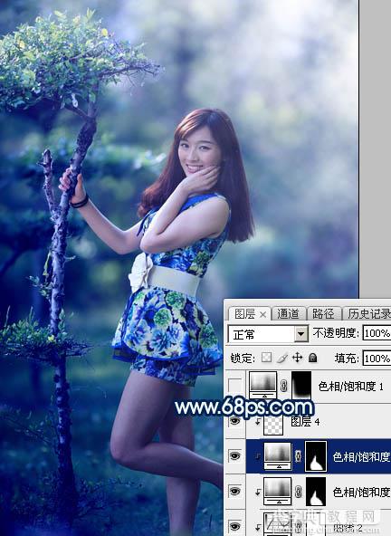Photoshop调制出梦幻的暗调蓝青色树林人物图片28