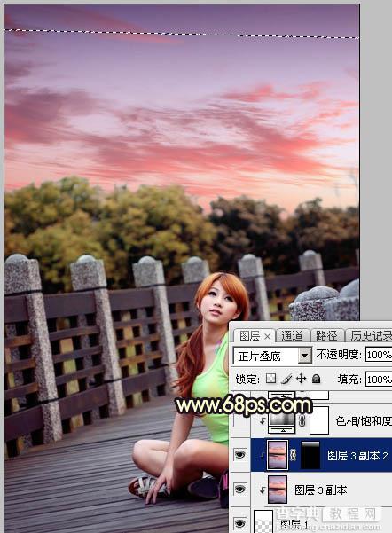 Photoshop调出唯美橙色霞光公园木桥上人物图片25