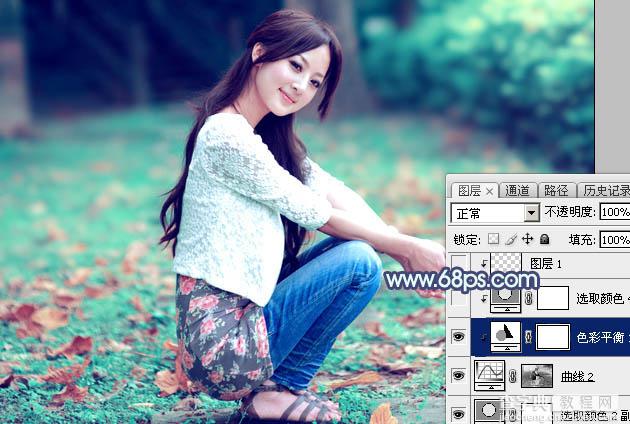 Photoshop将草地人物图片打造出甜美的粉青色效果24
