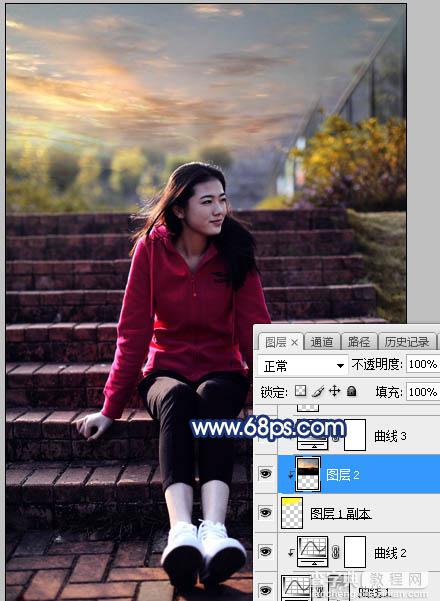 Photoshop调制出给漂亮的霞光古建筑边人物图片19