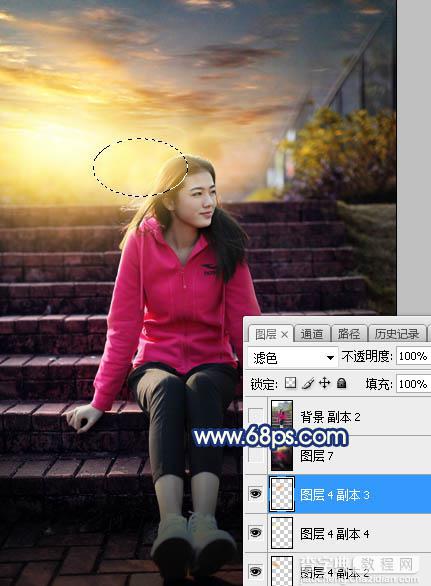 Photoshop调制出给漂亮的霞光古建筑边人物图片38