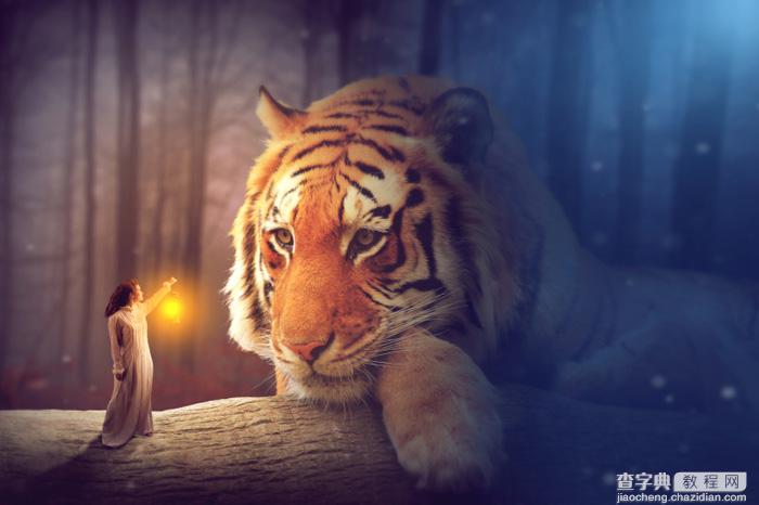 PS合成夜色中的女孩提着灯笼和巨型老虎对视场景1