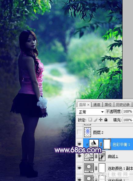 Photoshop将树林人物图片打造唯美的暗调蓝紫色13
