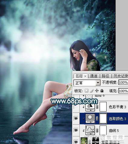 Photoshop为水景人物图片打造梦幻的暗青色效果37