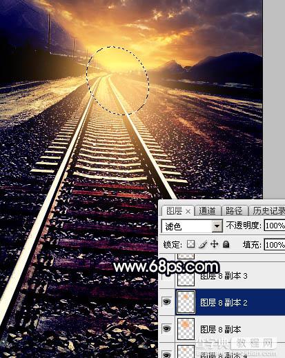 Photoshop为铁轨图片加上晨曦暖色34