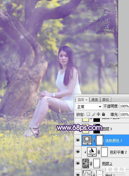 Photoshop调制出小清新蓝黄色树边人物图片28