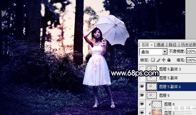 Photoshop调制出霞光中的树林人物图片33
